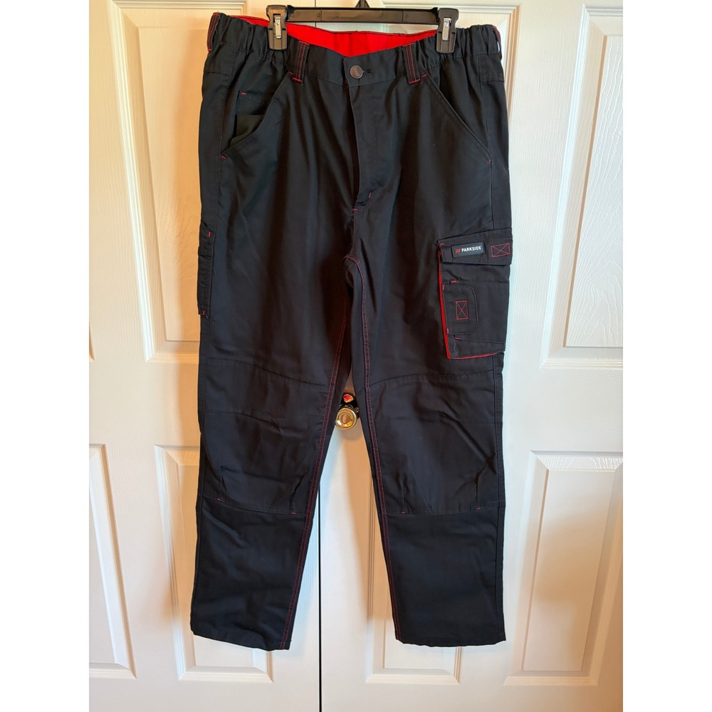 Parkside Mens Black Cargo Work Pants Red Contrast Stitching Size 40x33 Utility